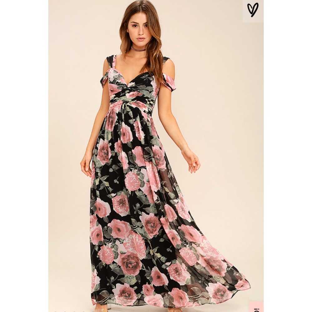 Lulu’s Black and Pink Floral Print Maxi Dress